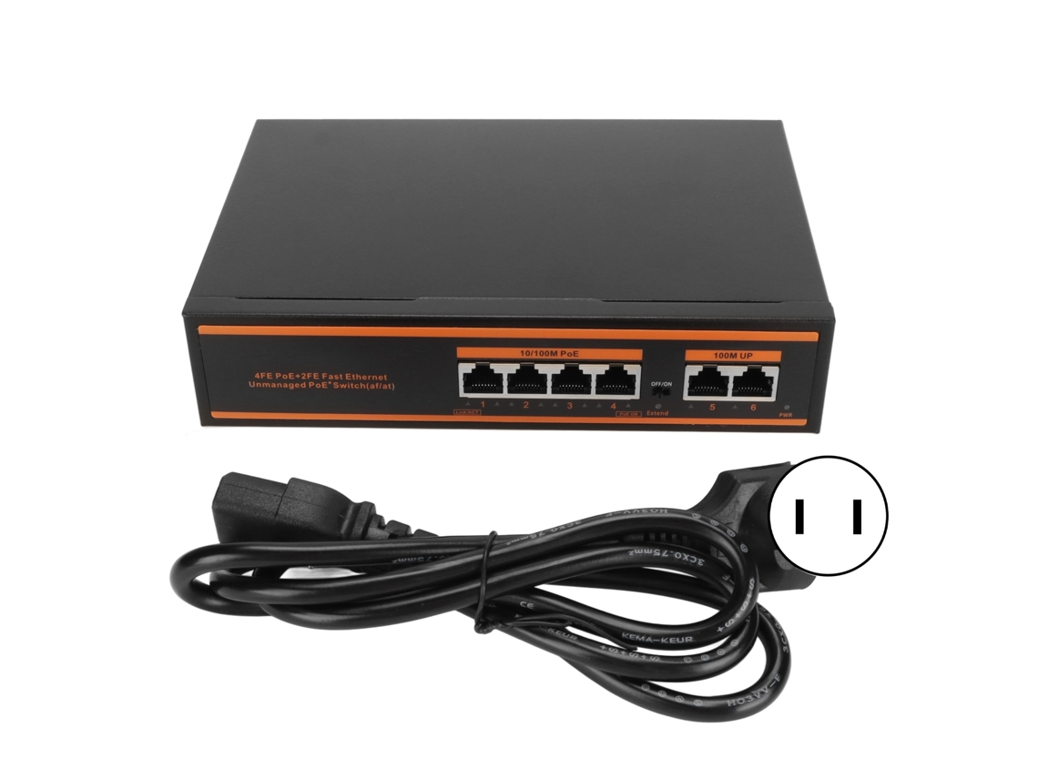 Switch PoE de 6 portas com design sem ventoinha e carcaça metálica para câmeras IP e telefones VoIP.
