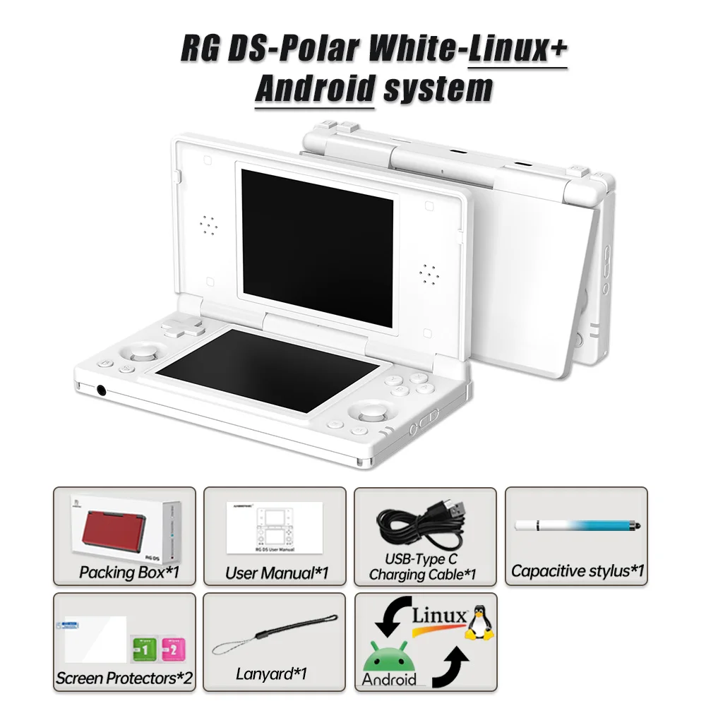 128g Con Bolsablanco 64g Linuxrg Ds Consola De Juegos Retro 4 Pulgadas Ips Flip Game Player Rgds