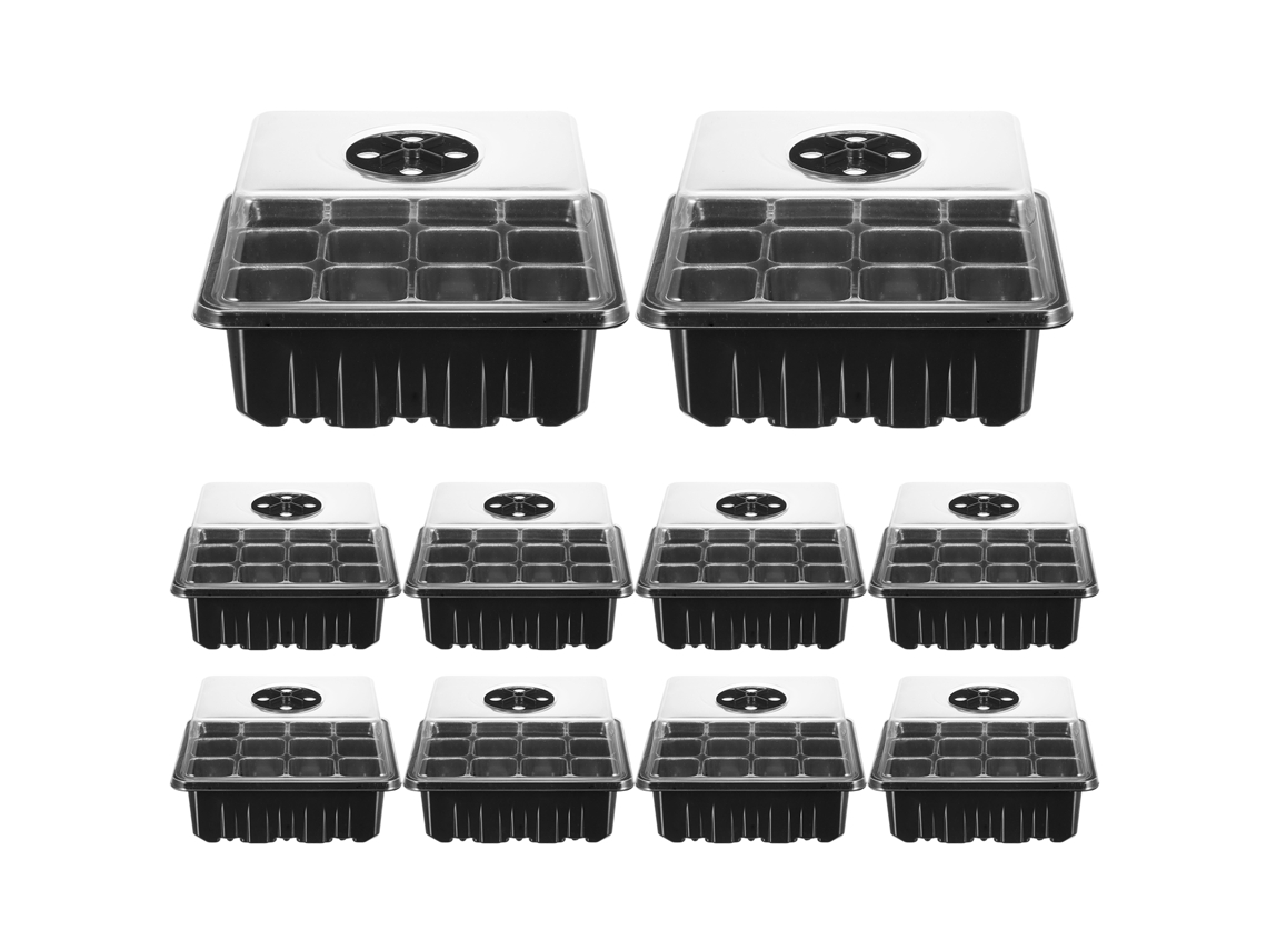 Paquete De 10 Bandejas De Germinación De 12 Celdas Con Cúpula Transparente De Humedad Ajustable Y Bandejas Base Para Germinación.