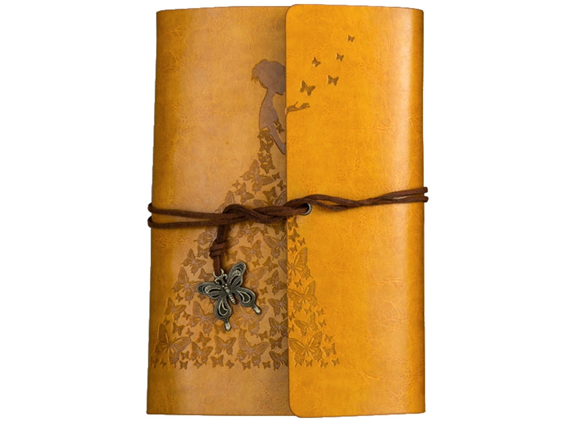 Libreta vintage Kraft A6, hojas sueltas, cuero, colores de escritura: rojo, gris, marrón, amarillo, azul claro y dorado.