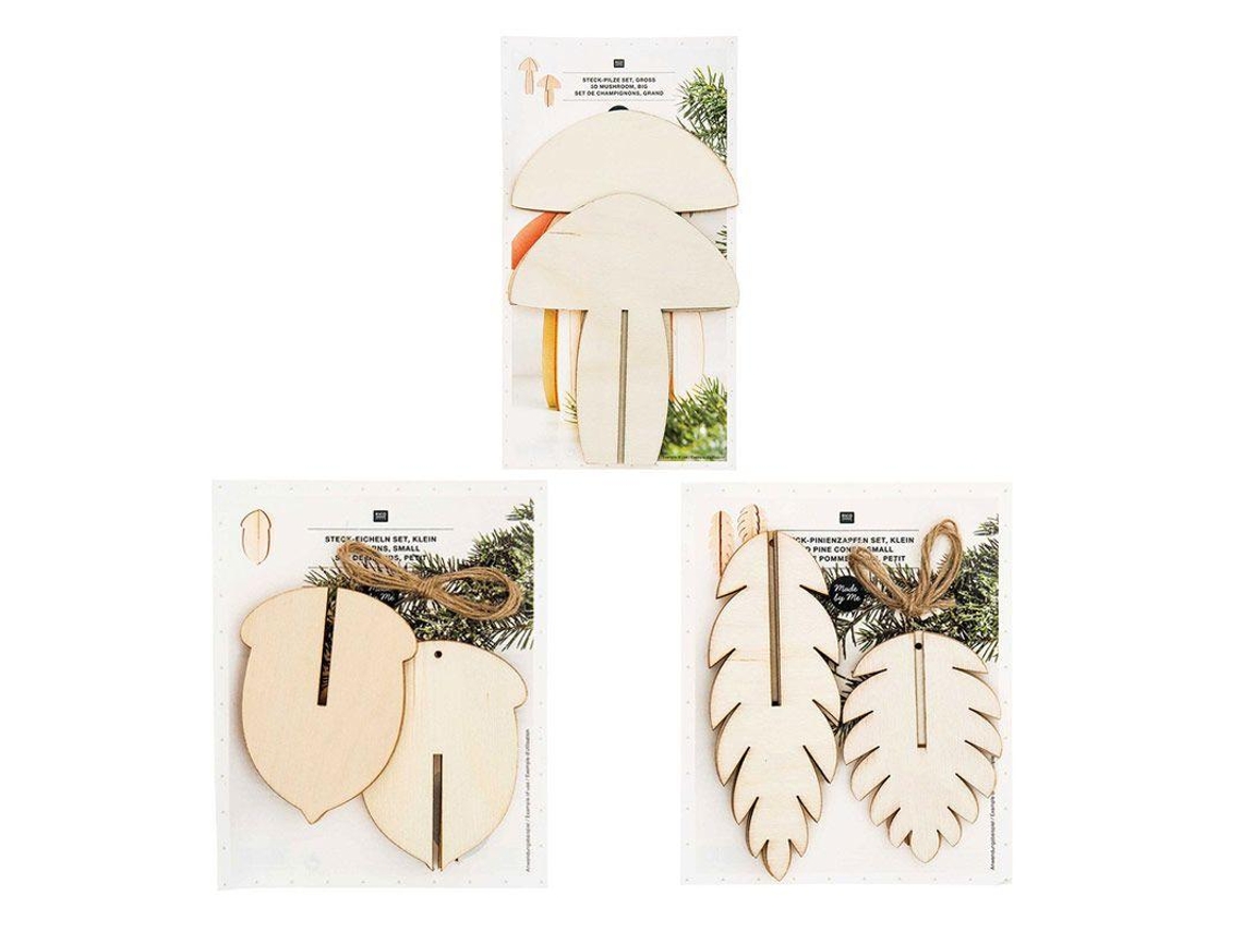 Paquete de adornos navideños de madera - 3 bellotas + 3 piñas de pino + 2 setas