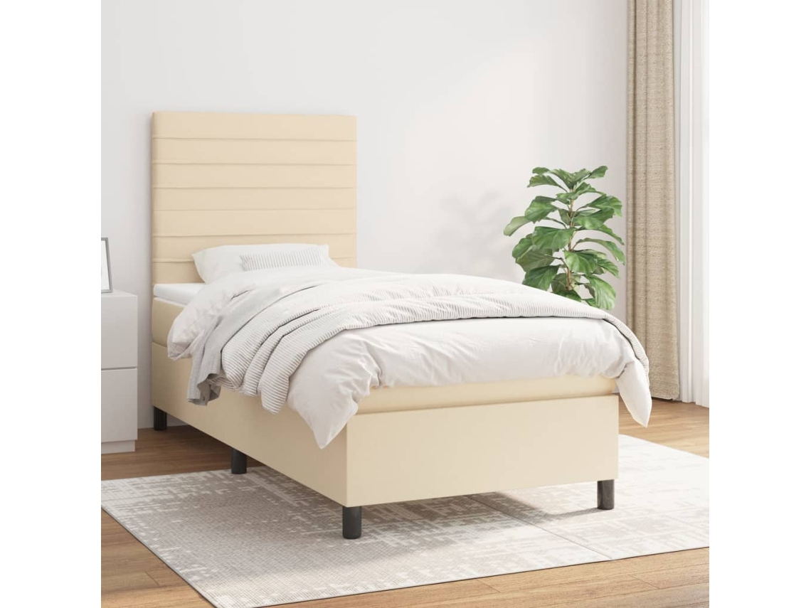 Cama Box Spring Con Colchón Tela Color Crema 90x190 Cm