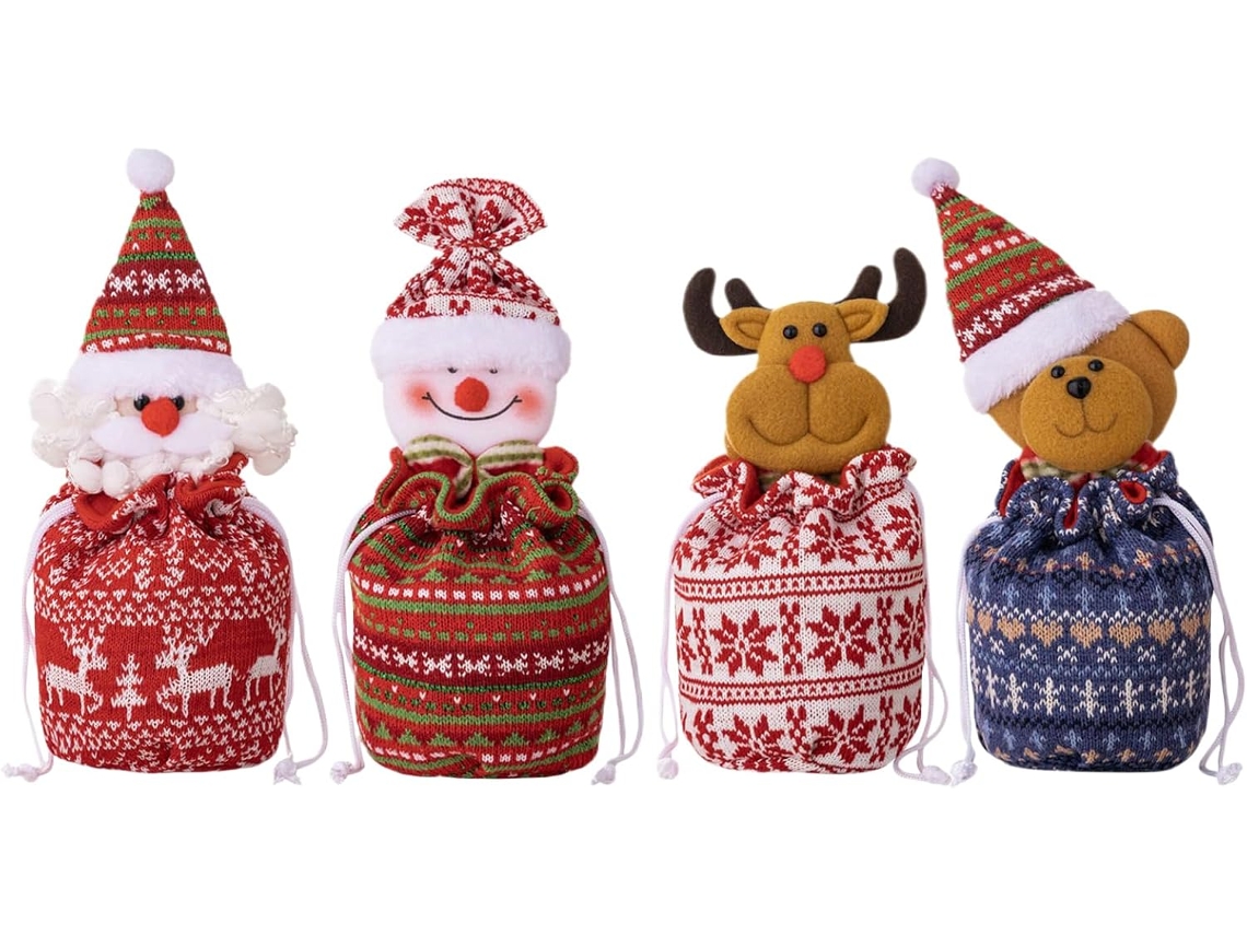 Sacolas De Natal Com Cordão | Conjunto De 4 Estampas De Papai Noel
