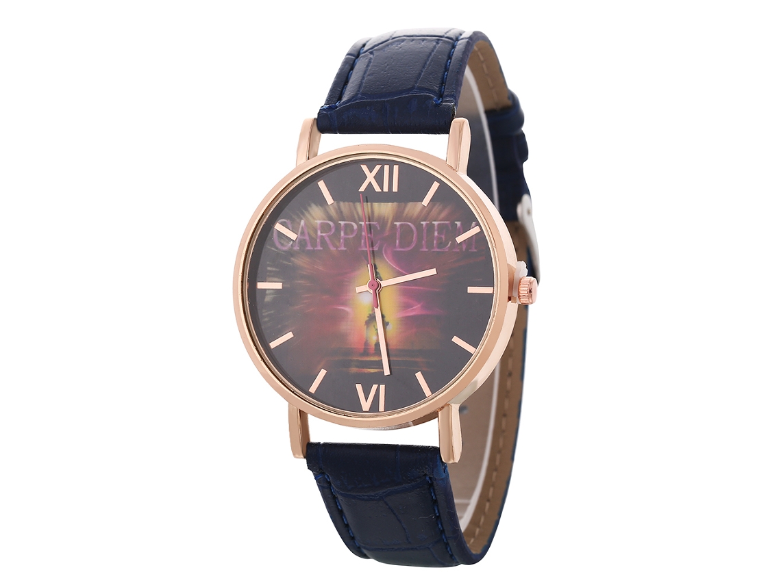 Reloj de pulsera unisex informal de cuarzo con correa de piel sintética y esfera redonda azul real.