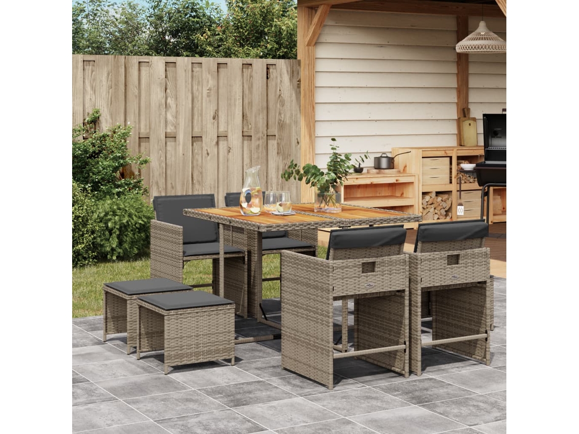 Juego de comedor de jardín de 9 piezas DKD Home Decor con cojines de mimbre gris