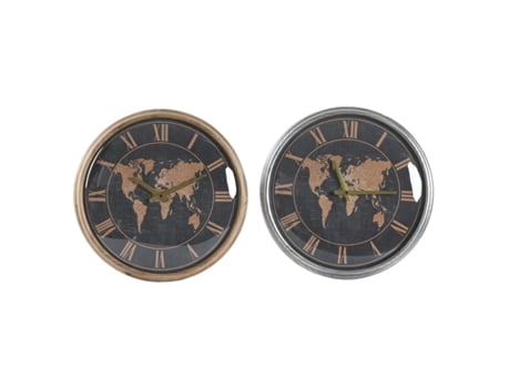 Reloj de Pared DKD HOME DECOR 46 x 6,5 x 46 cm Cristal Plateado Negro Dorado Marrón Hierro Mapamundi (2 Unidades)