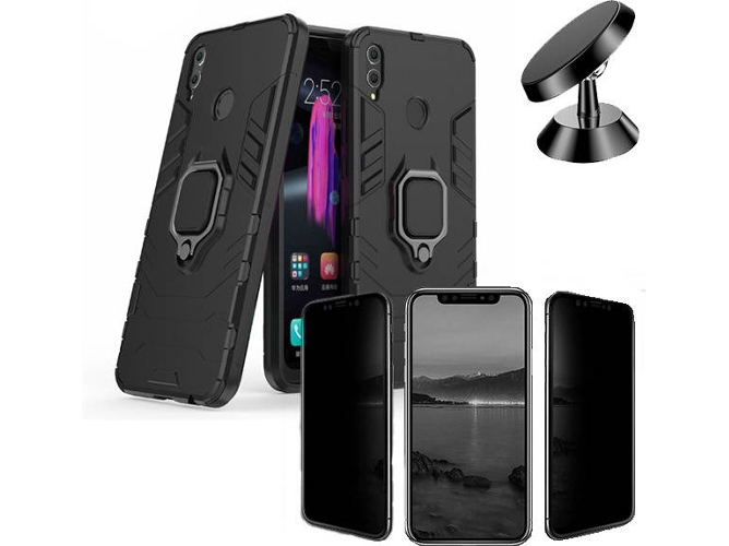 Kit Carcasa, Protector Privacy y Soporte Magnetico Honor 8X Military Defender Negro