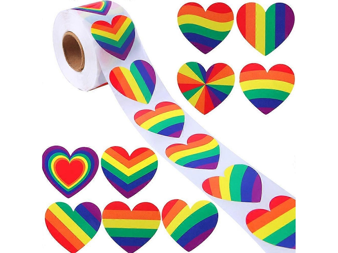 500 pegatinas de San Valentín con forma de corazón y rayas arcoíris en rollo.