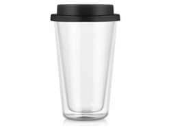 Taza de vidrio de doble capa, uso doméstico con tapa, aislamiento térmico, taza de café, negro KOFIHETY