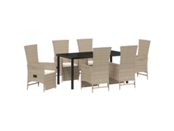 Conjunto de comedor de jardín Vidaxl de 7 piezas con cojines, beige, ratán y poliéster