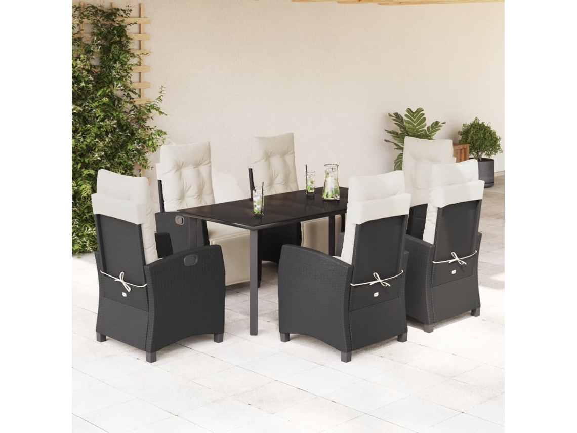 Juego de comedor de jardín de 7 piezas con cojines, mimbre sintético negro, DKD Home Decor