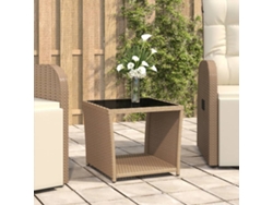 Mesa de Centro de Apoyo con Tablero de Vidrio Mimbre Pe/Vidrio Templado Beige