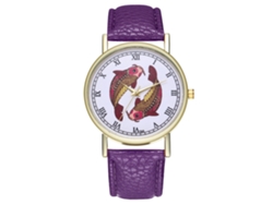 Reloj Analógico De Cuarzo Para Mujer Zhoulianfa Con Correa De Pu Y Esfera Con Estampado De Peces Morados.
