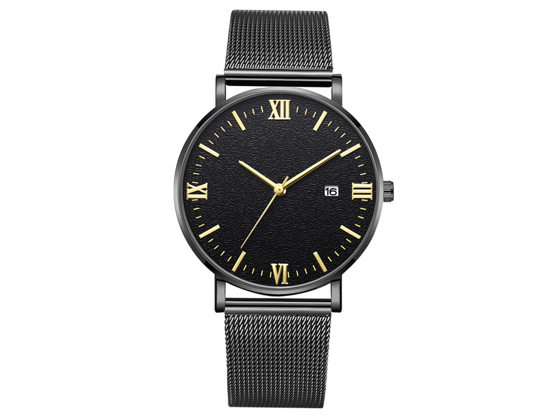 Reloj De Pulsera Mecánico De Cuarzo Para Hombre Deportivo (correa Negra Caja Negra Manecillas Doradas Dial Negro)