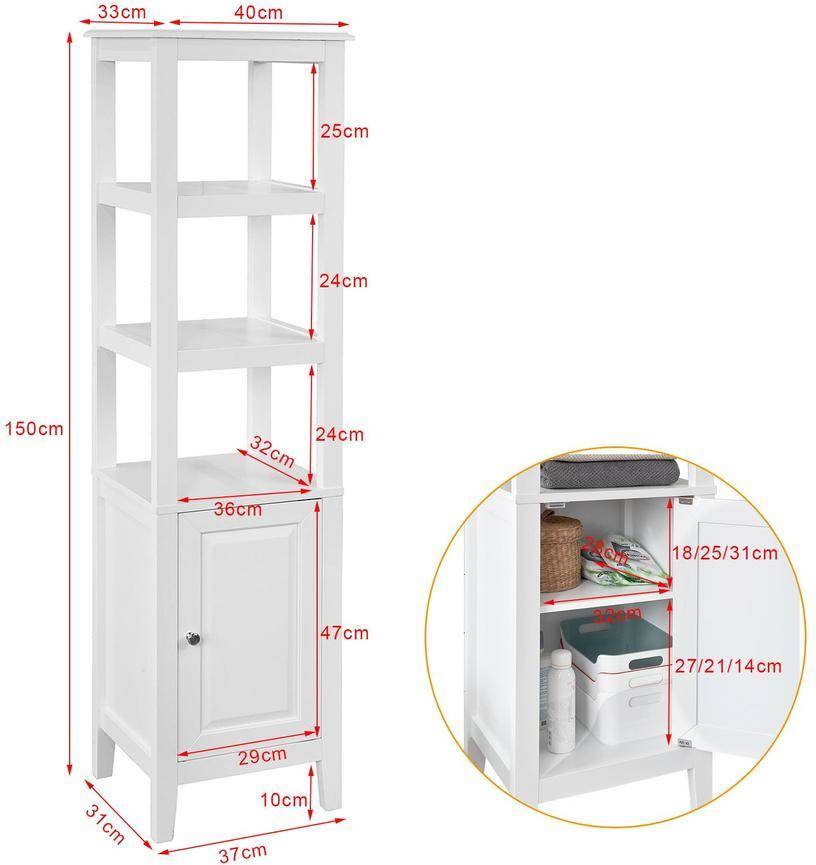 Mueble Columna De baño sobuy frg205w 3 estantes 1 puerta mdf 40 150 33cm