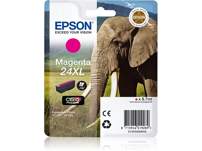 Cartucho de tinta original EPSON, 24XL, Elefante 8,7 ml , Magenta, C13T24334012, T2433