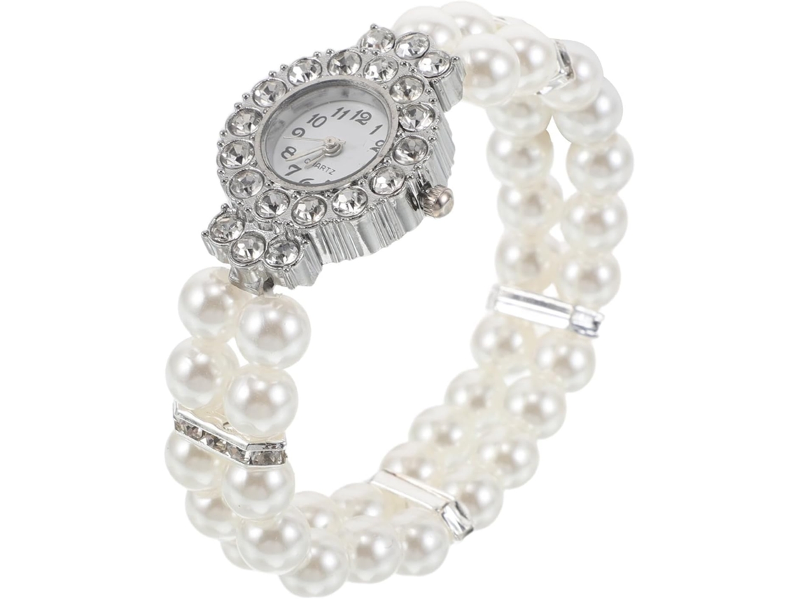 Reloj Pulsera Cuentas Mujer Diamantes Imitación Plateados Movimiento Cuarzo Doble Hilera Esfera Redonda