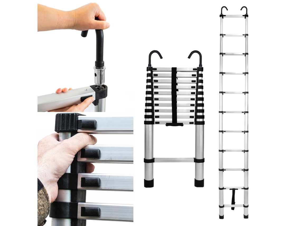 Escalera Telescópica De Aluminio De 11 Peldaños Con Ganchos, 3,2 M, Baulich