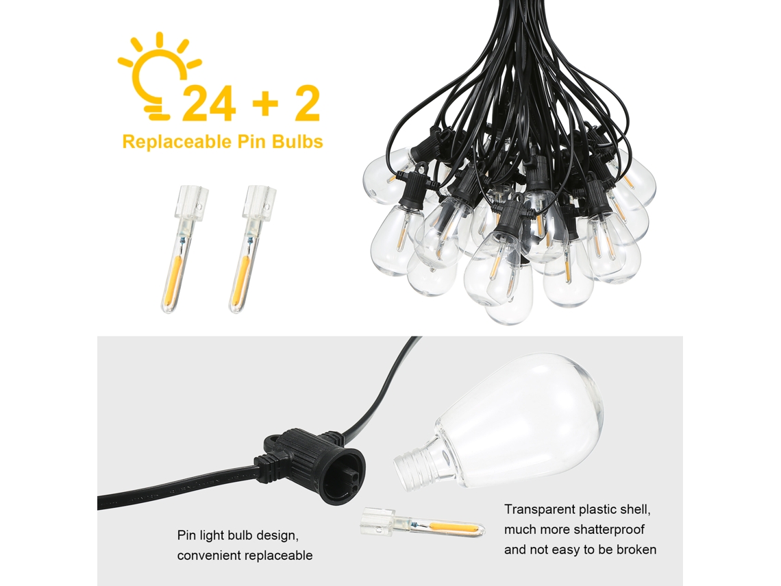 Lámpara colgante LED Neoglint 2026 para uso exterior, 15,2 m/50 pies, 24 bombillas, S14, IP65 a prueba de golpes, enchufable, ideal para jardines, bodas y fiestas.