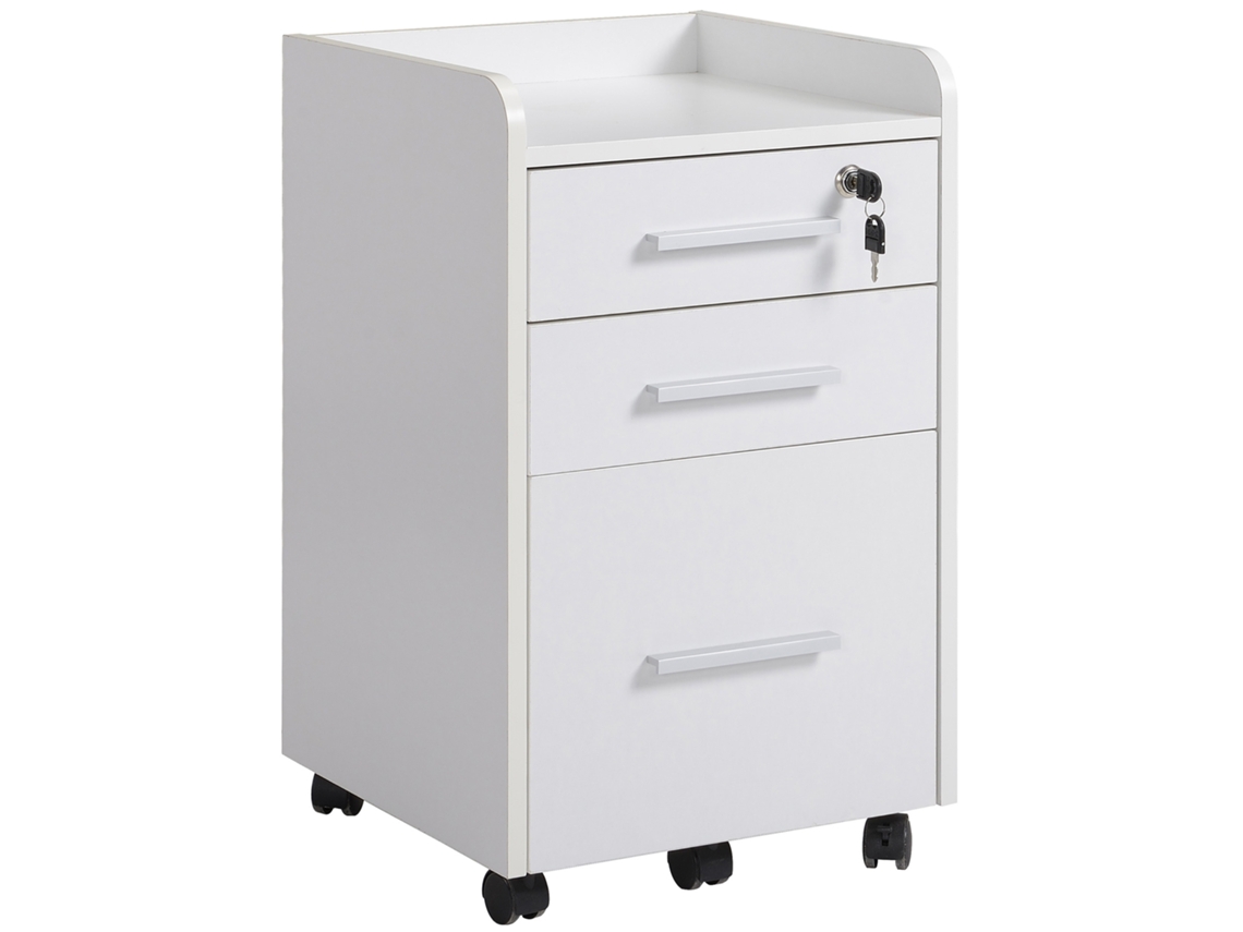 Mobiliario de oficina Homcom con ruedas, 3 cajones (1 con cerradura) y 1 organizador de archivos en madera blanca.