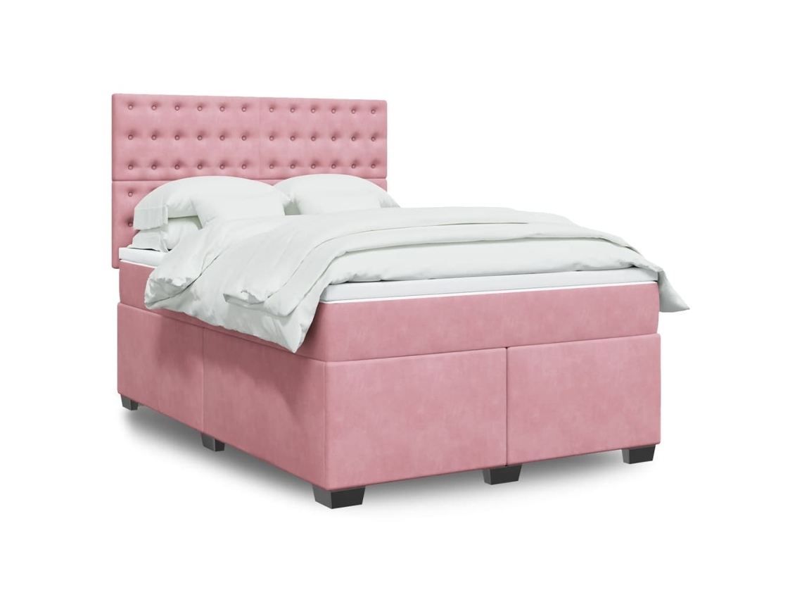 Cama Box Spring Con Colchón Terciopelo Rosa 140x190 Cm