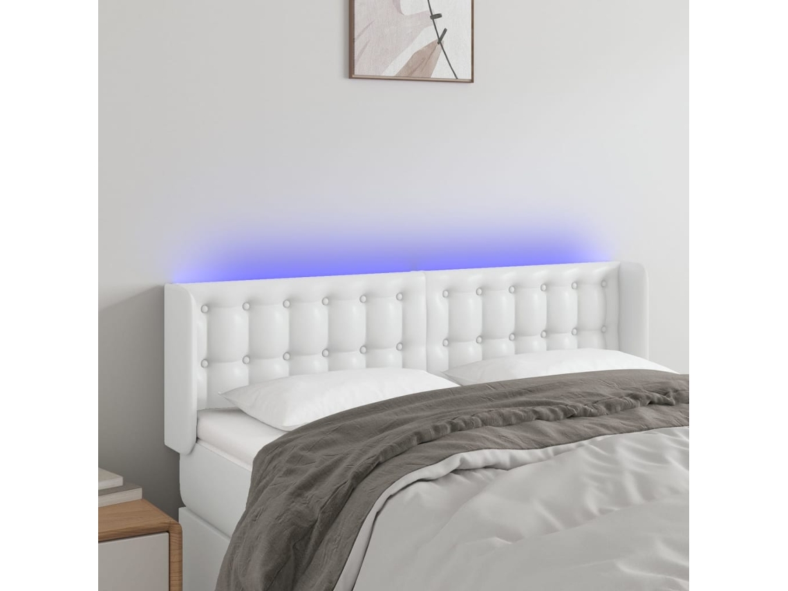 Cabecero de cama | Panel de cama con iluminación LED, piel sintética, 147 x 16 x 78/88 cm, blanco