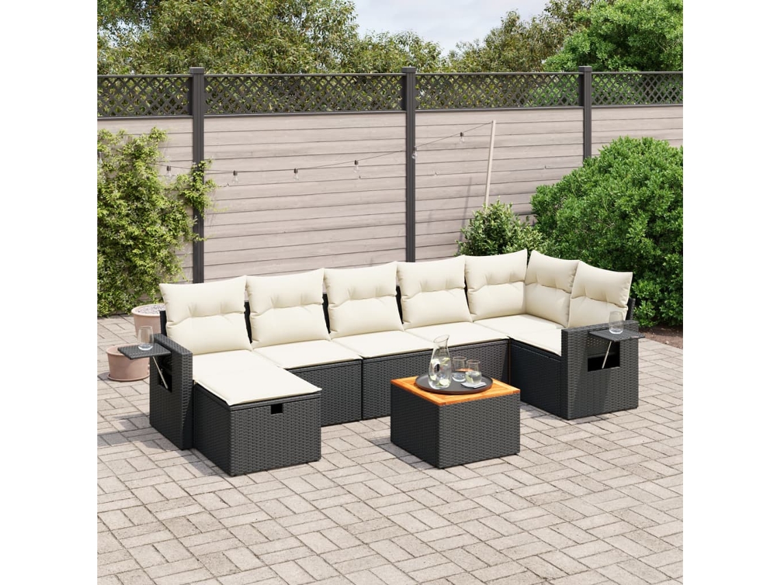 Conjunto de 8 sofás de jardín con cojines de mimbre sintético negro, Dkd Home Decor