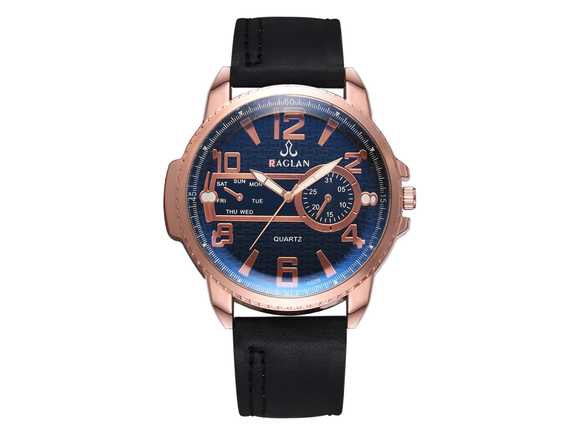 Reloj Hombre De Cuarzo Con Correa De Pu, Caja Oro Rosa, Dial Azul Y Correa Negra