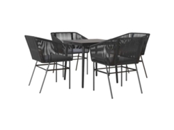 Juego de comedor de jardín de 5 piezas con cojines y tablero de mimbre y cristal, color negro, EXCLUSIVO DE LA CASA