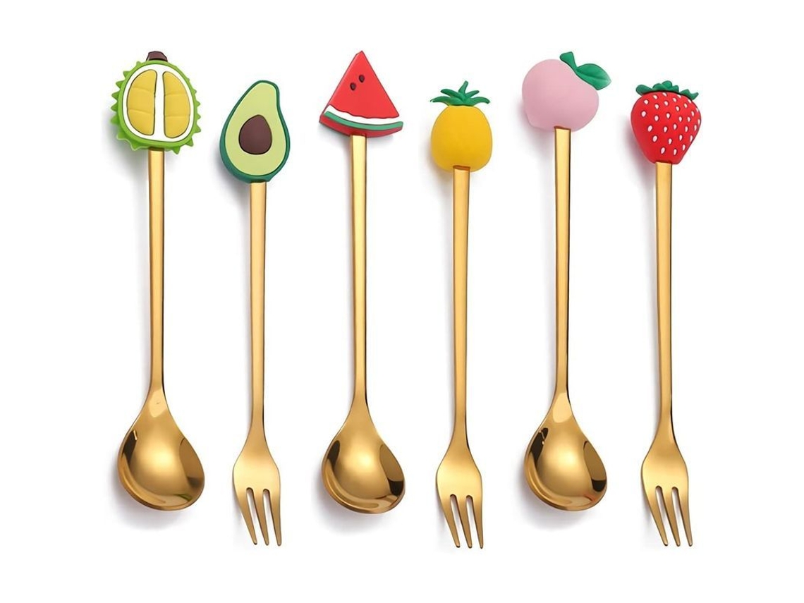 2026-45864-set Linjou Cucharas Y Tenedores De Postre Frutas Bonitas, 3 Cucharas De Café Y 3 Tenedores De Postre Oro