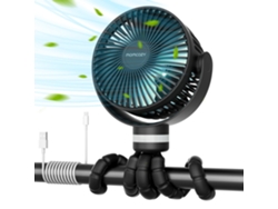 Ventilador portátil MOMCOZY de 8000 mAh para cochecito de bebé, 27 horas de autonomía, clip giratorio de 360°, 4 velocidades, luz LED, USB, ideal para viajes, asientos de coche y oficina.