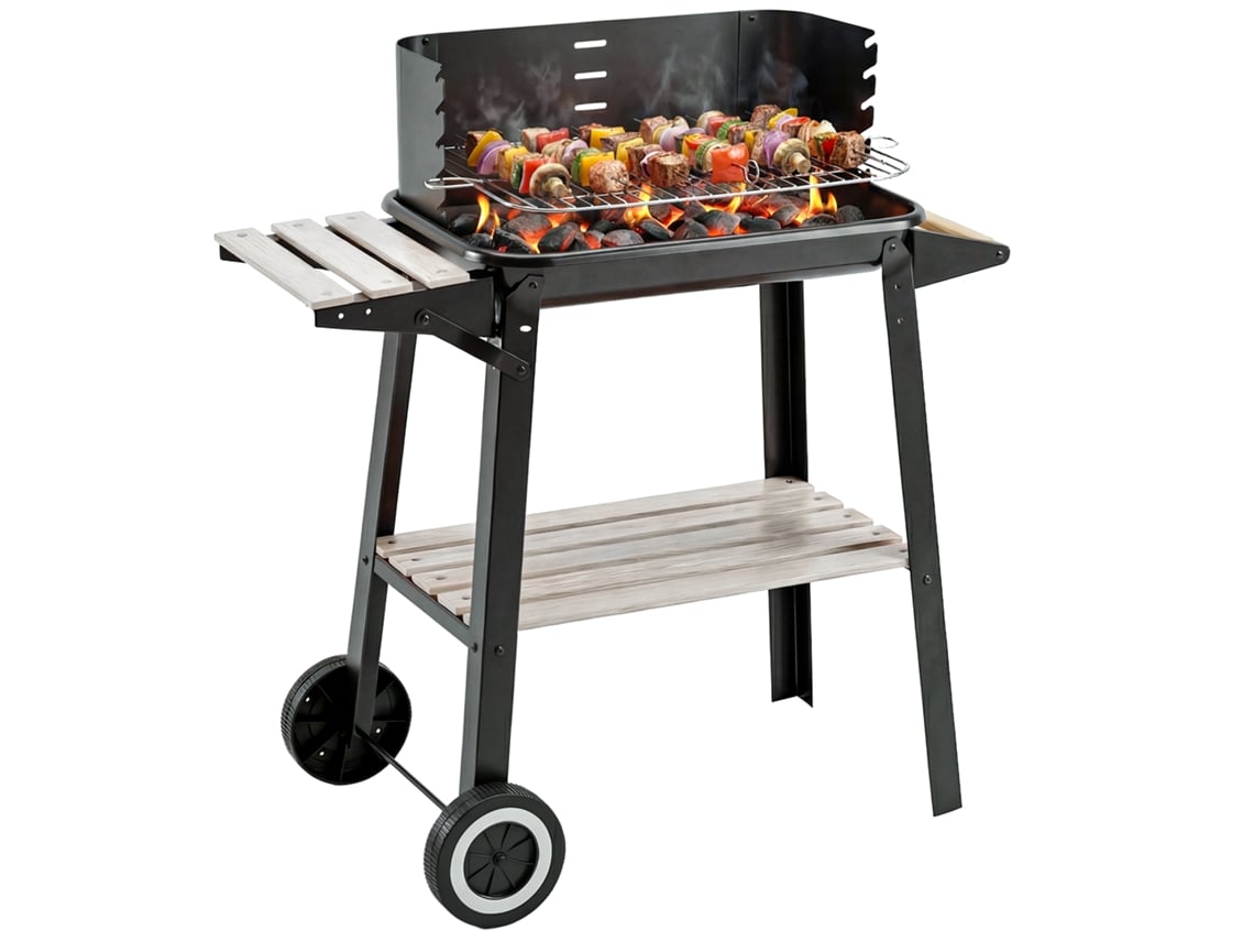 Barbacoa De Carbón Con Parrilla Ajustable, Estantes Y Ruedas, 83x37x87cm, Negra