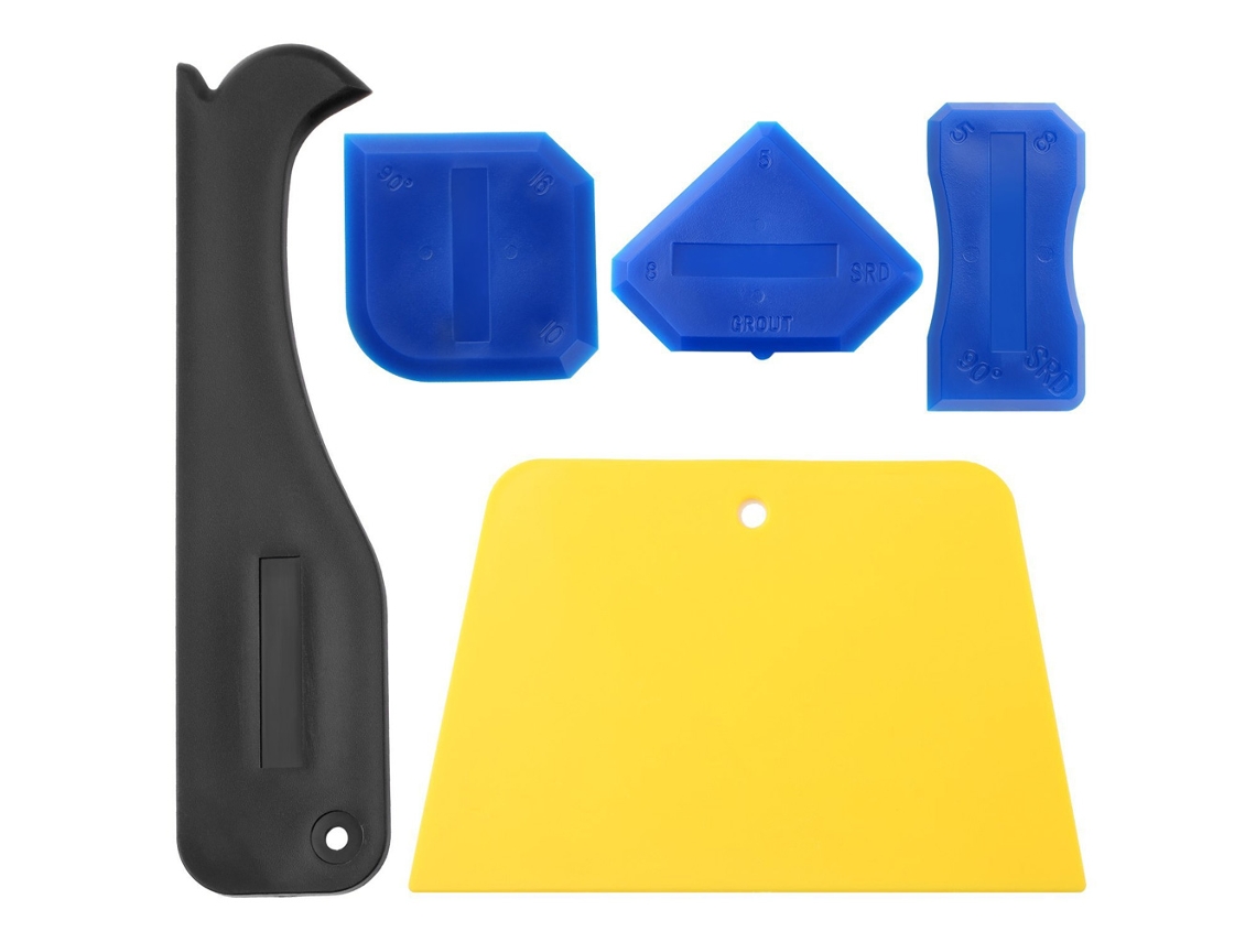 Kit de herramientas de 5 piezas para aplicar y retirar sellador plástico en molduras, juntas y reparaciones de silicona.