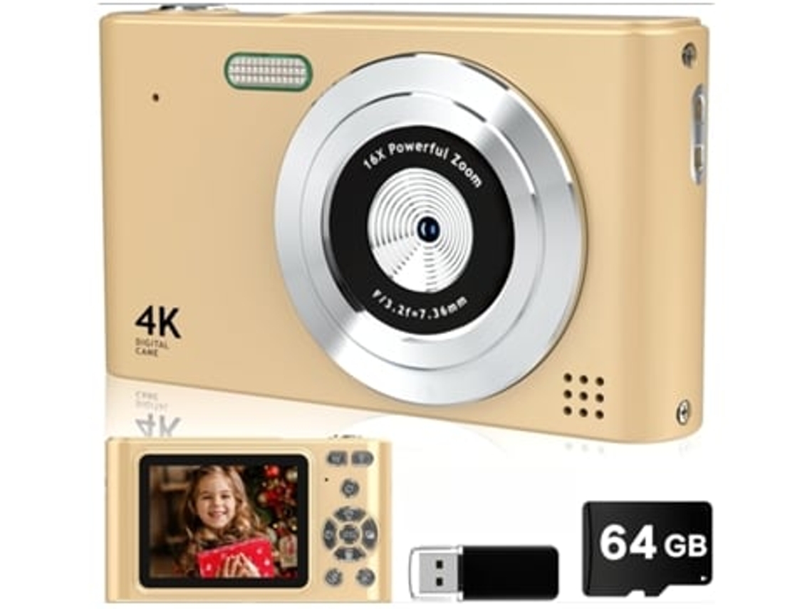 Mini cámara compacta UHD 4K Cámara digital Enfoque automático Zoom 16x 64g Oro Digitallab