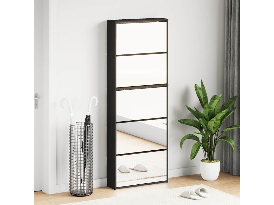 Mueble Zapatero | Armario Zapatero Con Espejo 5 Niveles Negro 63x17x169,5 Cm