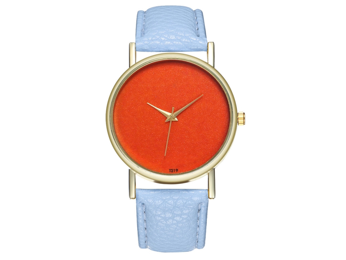 Reloj De Pulsera De Cuarzo Informal Para Mujer, Sencillo Y Elegante, Con Esfera Naranja Y Correa De Piel Sintética Azul Claro.