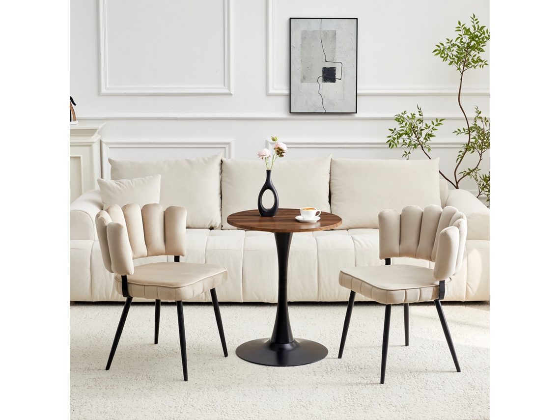 Conjunto Mesa 60 Cm Mdf Pie Negro + 2 Sillas Terciopelo Pétalo, Patas Negras - Light Coffee