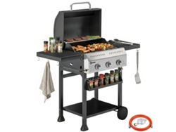 Parrilla de gas de 9 kW con 3 quemadores, carrito de acero inoxidable, mesa plegable y especiero.