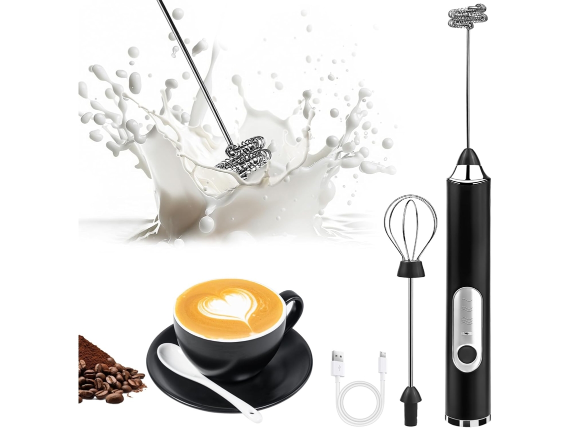 Espumador de leche, batidora eléctrica con tres velocidades ajustables, ideal para café, capuchino, chocolate caliente y huevos (negros) Cuich