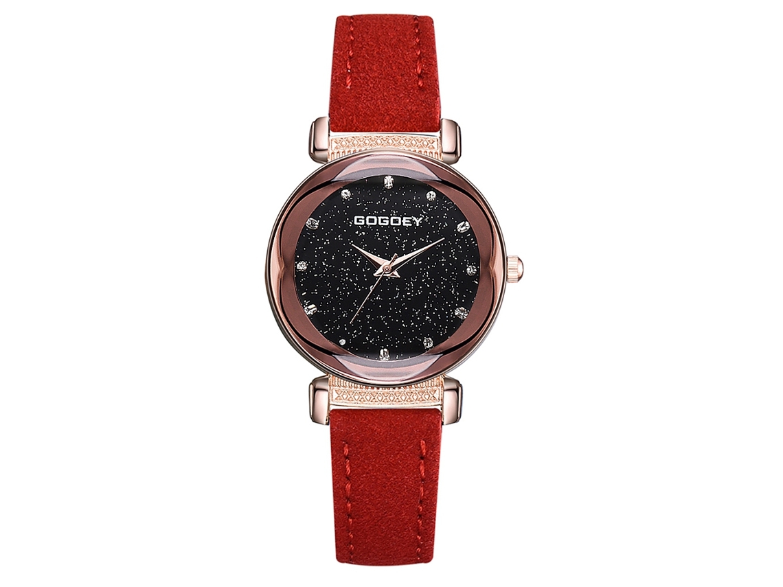 Reloj De Pulsera De Cuarzo Para Mujer Con Correa De Poliuretano Y Esfera Con Diseño De Cielo Estrellado Y Diamantes De Imitación (rojo).
