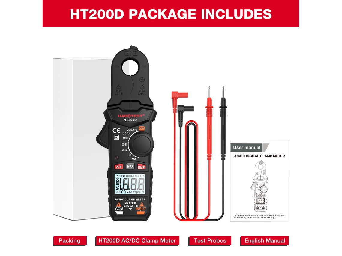 Pinza Amperimétrica Digital Habotest Ht200d True Rms 200a 600v Ncv Multimetro Capacitancia Resistencia