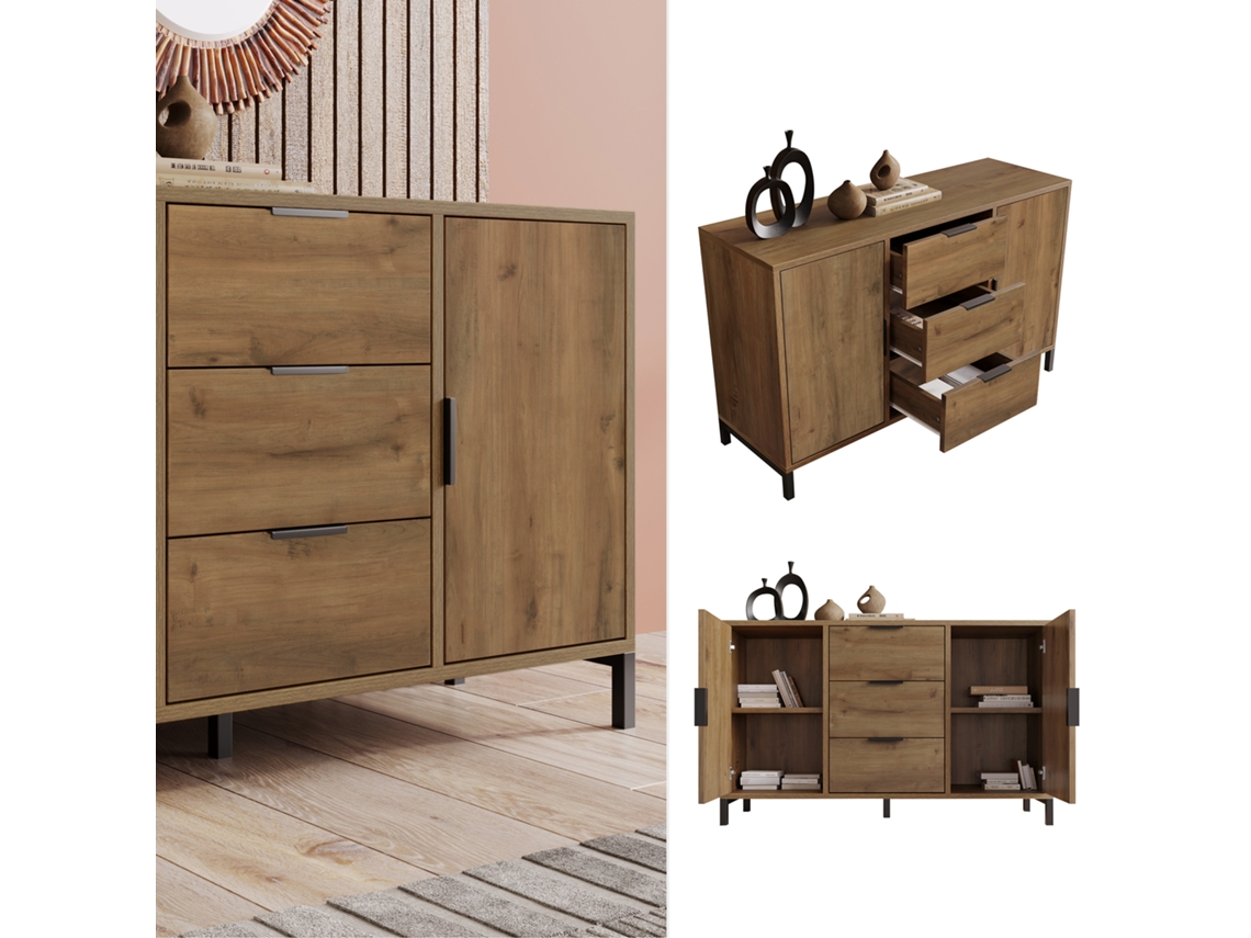 Cómoda Con 2 Puertas Y 3 Cajones, Roble Oscuro, 120x40x76cm, Para Salón O Dormitorio.