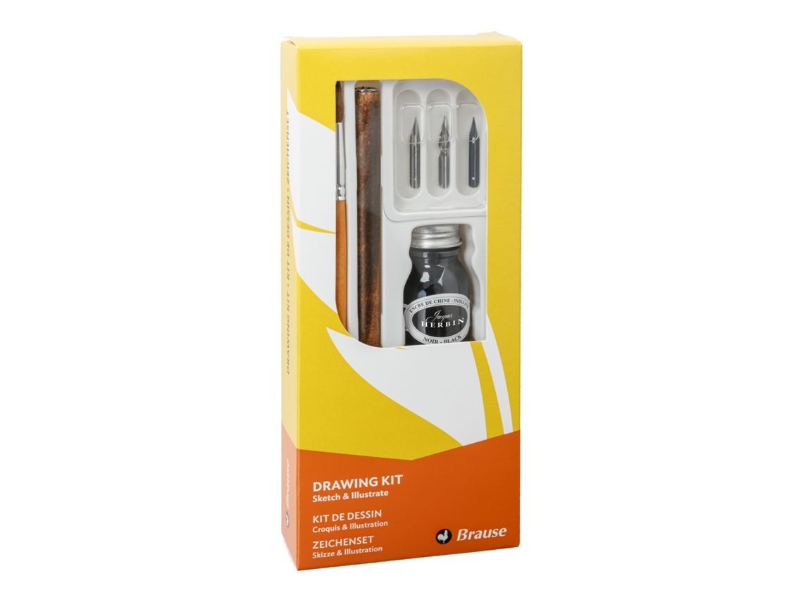 Kit de dibujo con 1 portaplumillas de madera, 3 plumillas, 1 pincel y 1 frasco de tinta china BRAUSE