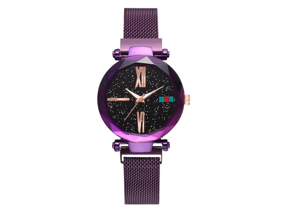 Elegante Reloj De Pulsera Para Hombre Con Correa De Malla Y Esfera Redonda Morada Estrellada.