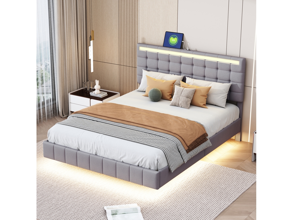 Cama Suspendida Gris De 140x200 Cm, Con Iluminación Led, Cabecero De Diseño Y Estilo Minimalista.