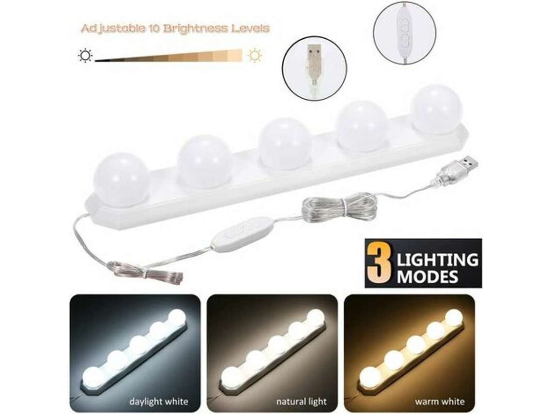 Espejo con luz LED, 5 bombillas, modos de color ajustables, recargable por USB para maquillaje.