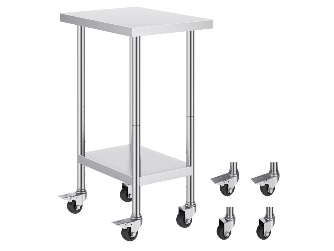 Mesa de Trabajo de Acero Inoxidable 61x45,7x95,5cm con 3 Niveles Ajustables y Ruedas Tekmaquinas