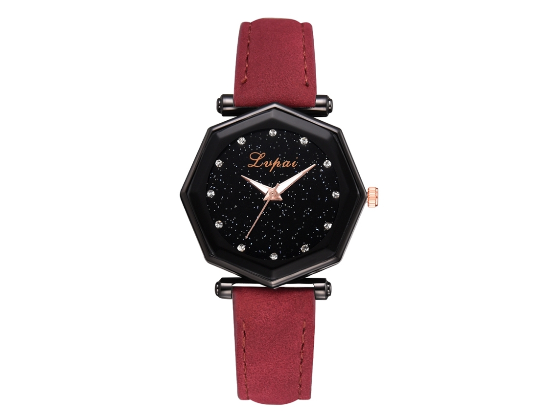 Reloj De Pulsera Para Mujer Con Dial Geométrico Y Correa De Cuero Pu Rojo