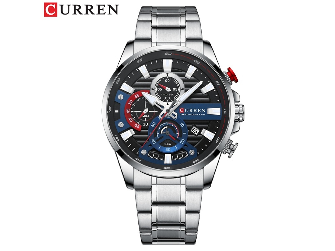 Reloj de negocios MDUG de acero inoxidable, calendario, seis agujas, multifuncional (plateado y azul)