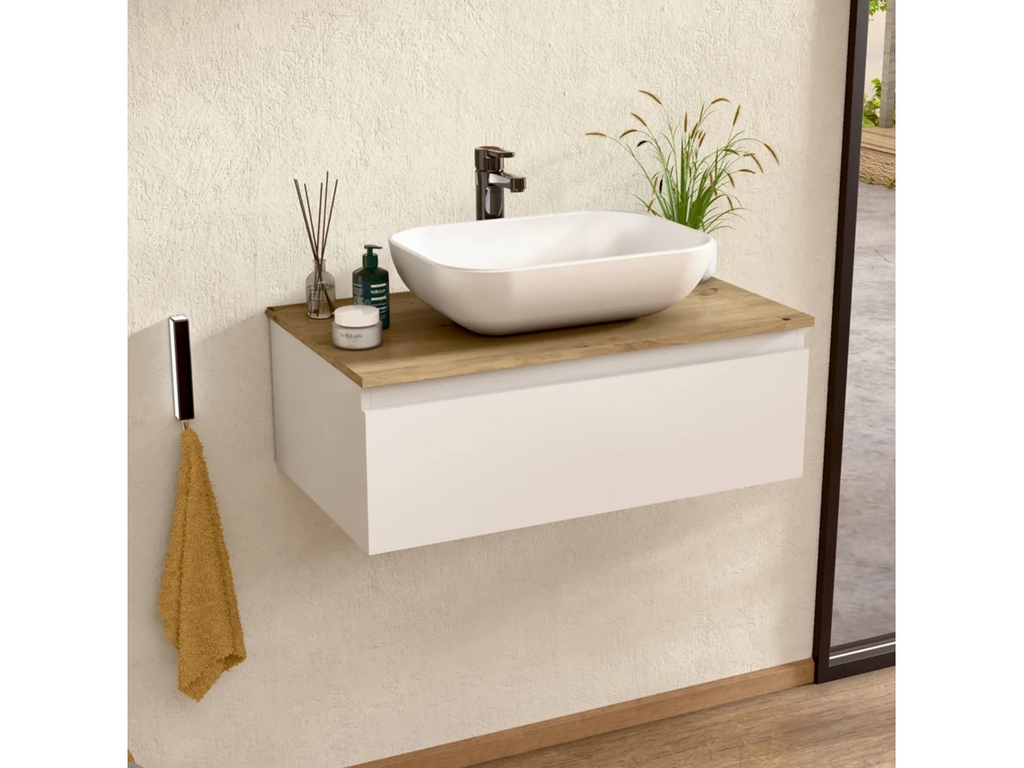 Mueble de baño suspendido con lavabo de cerámica, mueble de baño con 1 cajón, 60 x 27 x 46 cm, mueble blanco y encimera Bellobath roble.
